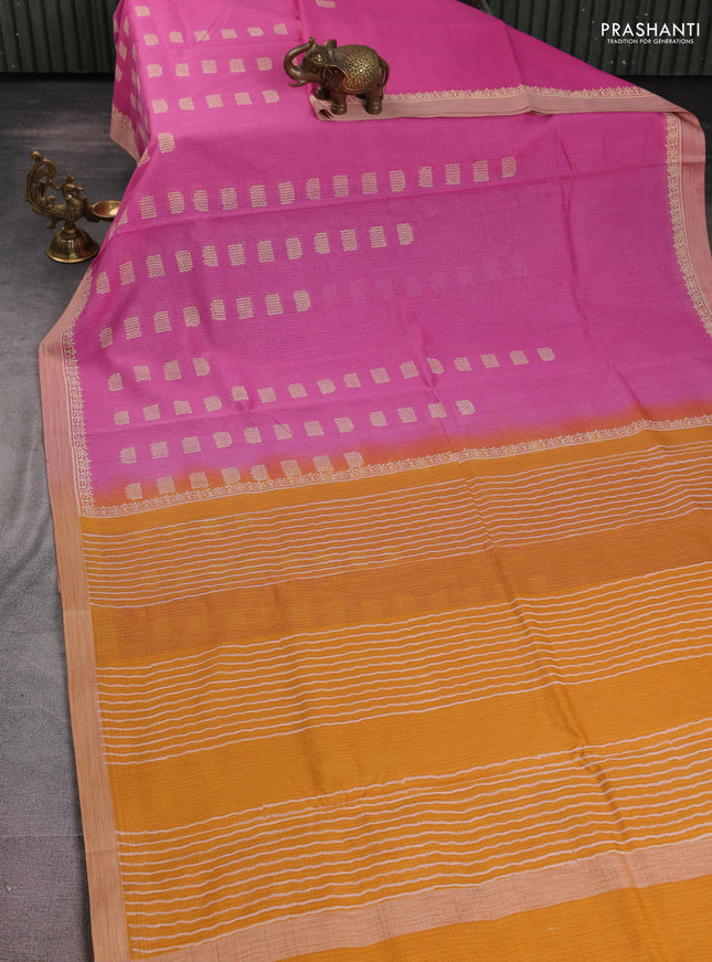 Kota silk cotton saree pink and mustard yellow with allover block prints and simple border