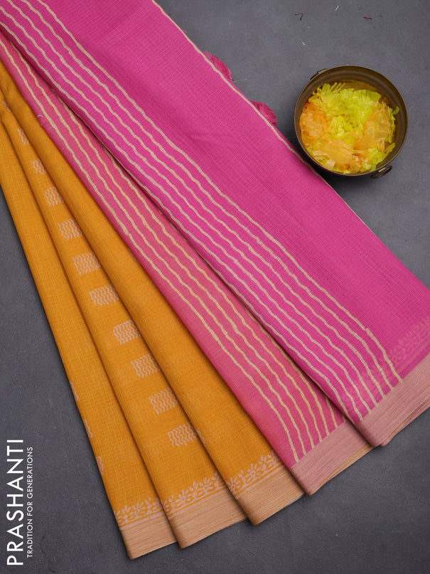 Kota silk cotton saree mustard yellow and pink with allover block prints and simple border