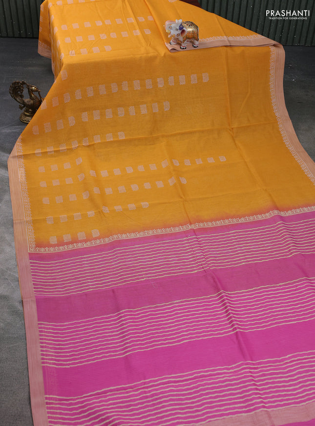 Kota silk cotton saree mustard yellow and pink with allover block prints and simple border