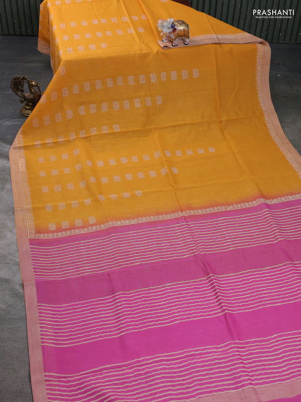 Kota silk cotton saree mustard yellow and pink with allover block prints and simple border