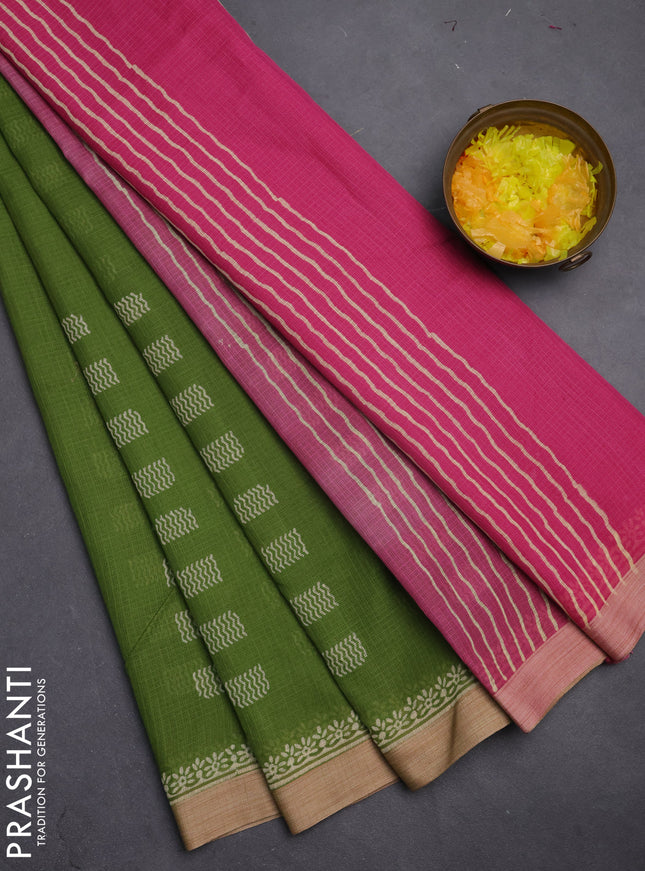 Kota silk cotton saree light green and pink with allover block prints and simple border