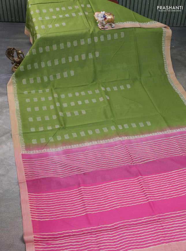 Kota silk cotton saree light green and pink with allover block prints and simple border