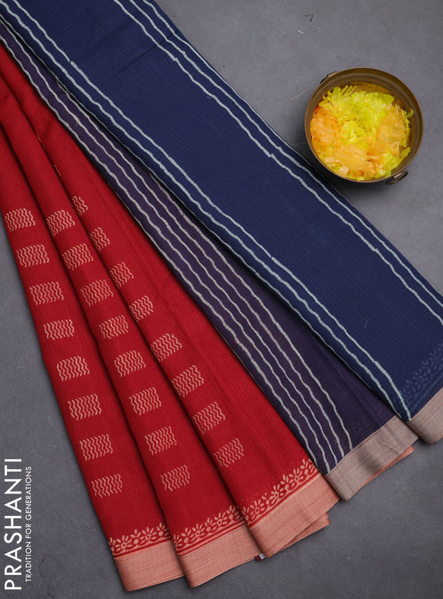 Kota silk cotton saree maroon and navy blue with block prints and simple border