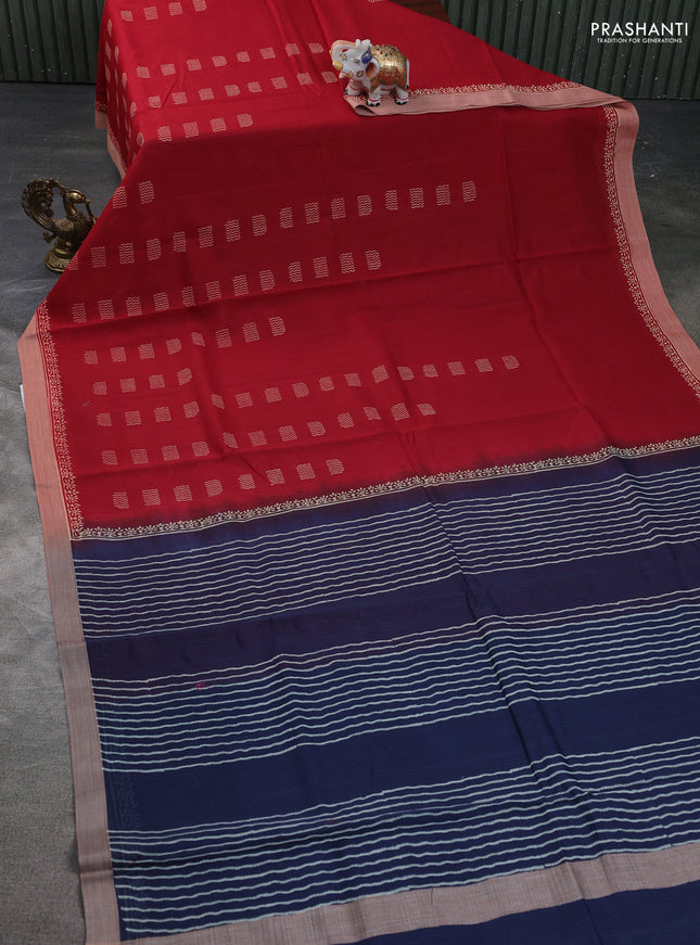 Kota silk cotton saree maroon and navy blue with block prints and simple border