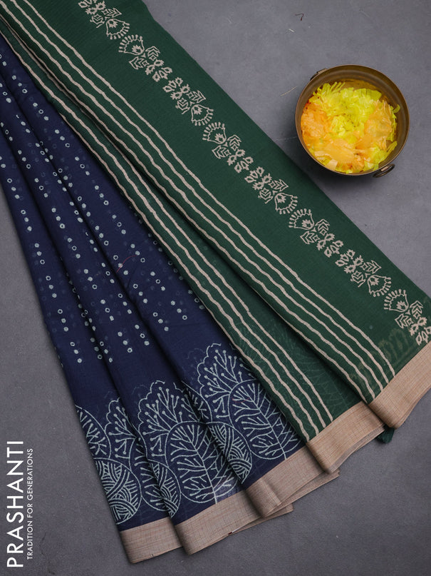 Kota silk cotton saree navy blue and bottle green with block prints and simple border