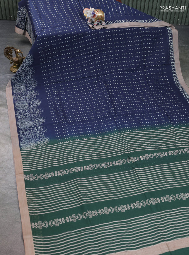 Kota silk cotton saree navy blue and bottle green with block prints and simple border
