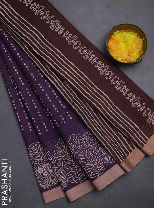 Kota silk cotton saree wine shade and brown with block prints and simple border