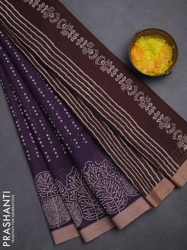 Kota silk cotton saree wine shade and brown with block prints and simple border