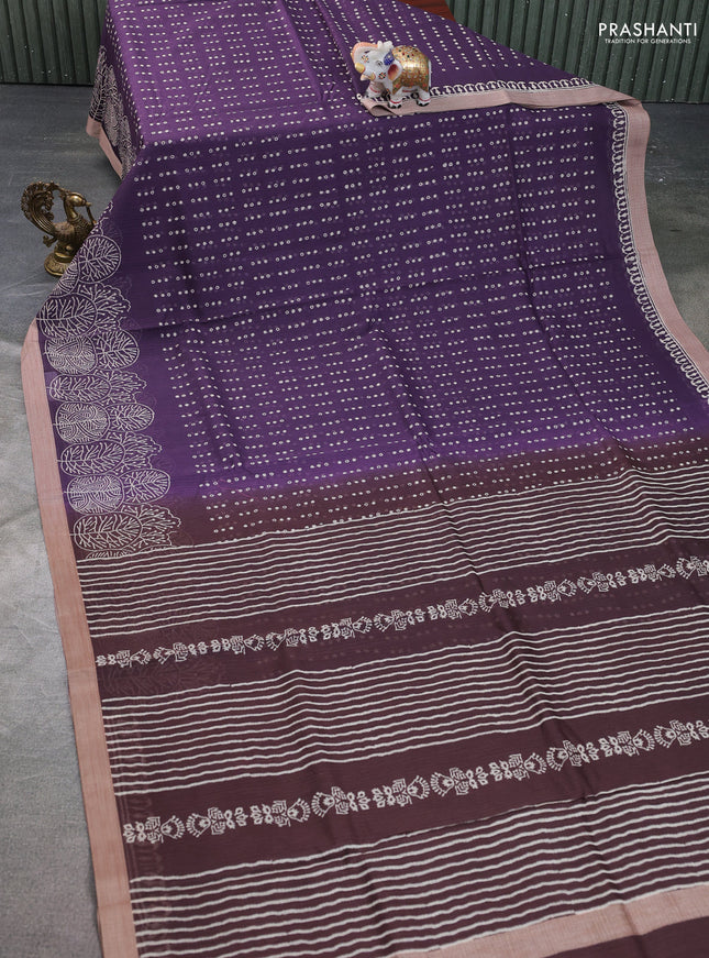 Kota silk cotton saree wine shade and brown with block prints and simple border