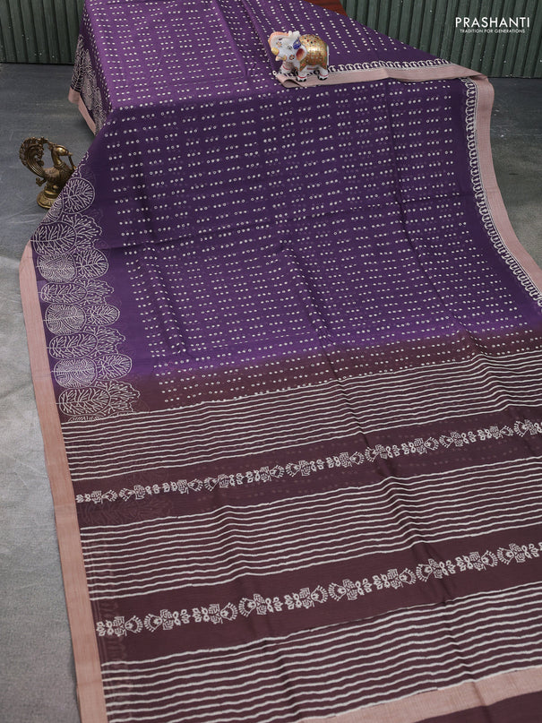 Kota silk cotton saree wine shade and brown with block prints and simple border