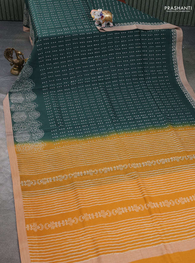 Kota silk cotton saree bottle green and dark mustard with block prints and simple border