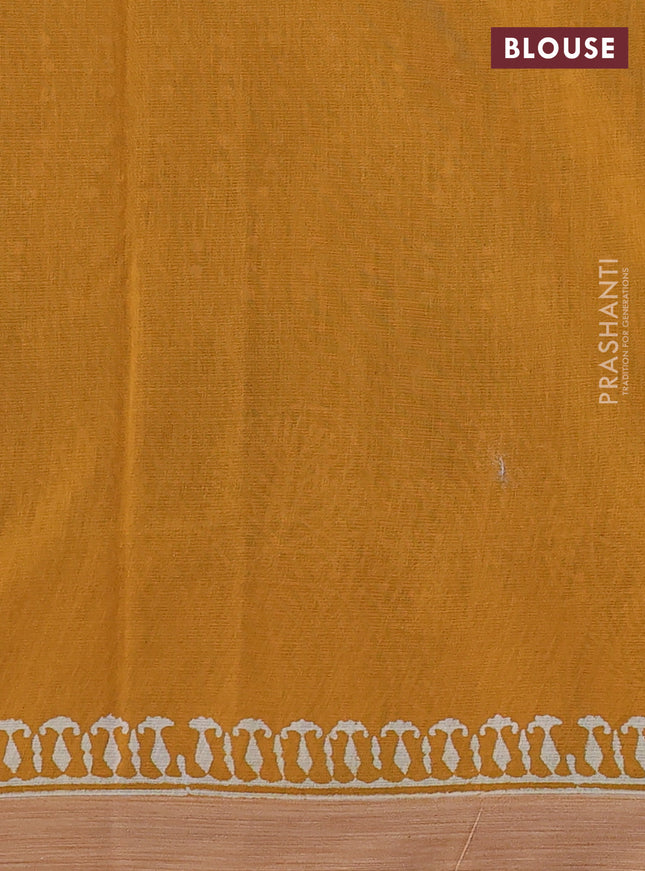 Kota silk cotton saree bottle green and dark mustard with block prints and simple border