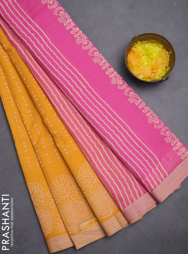 Kota silk cotton saree mango yellow and light pink with allover block prints and simple border