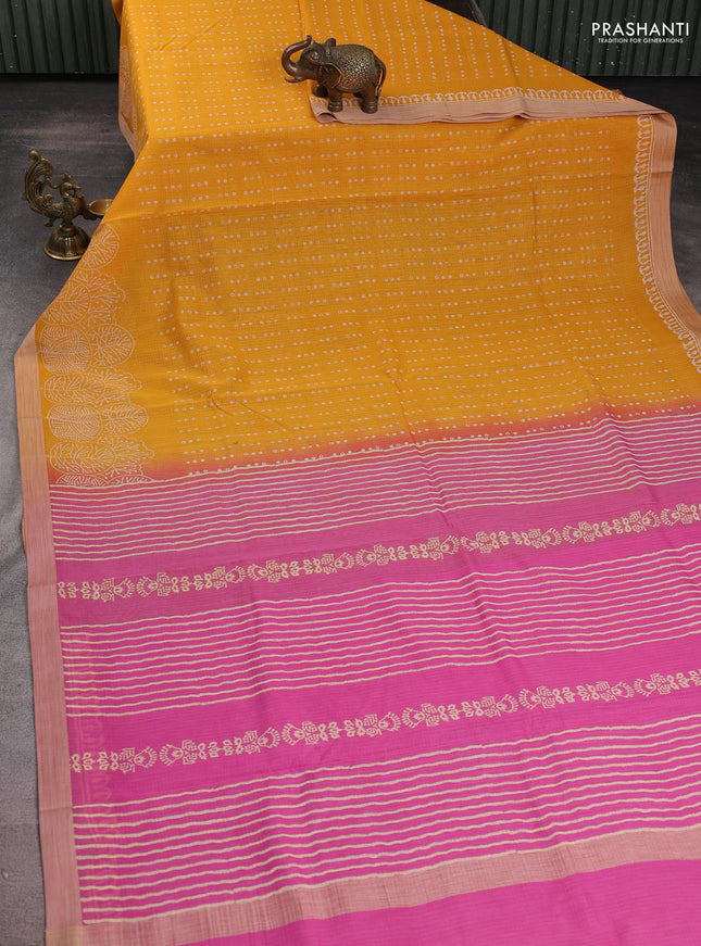 Kota silk cotton saree mango yellow and light pink with allover block prints and simple border