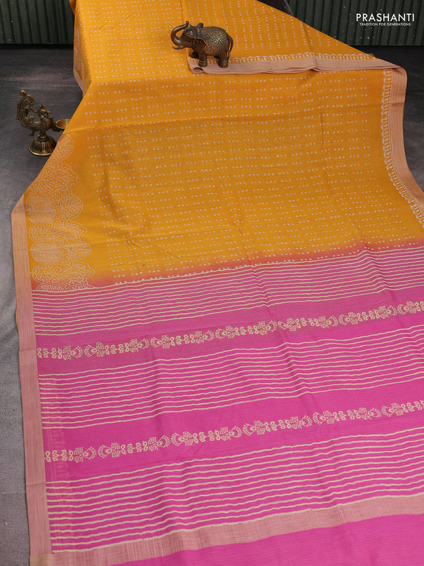 Kota silk cotton saree mango yellow and light pink with allover block prints and simple border