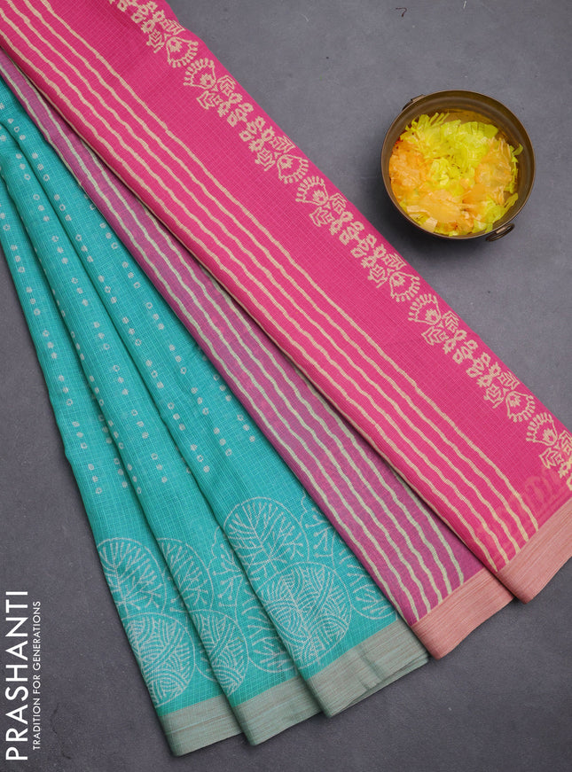 Kota silk cotton saree teal blue and light pink with allover block prints and printed border