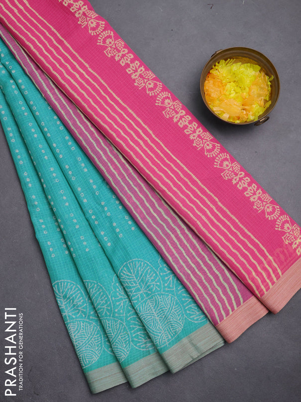 Kota silk cotton saree teal blue and light pink with allover block prints and printed border