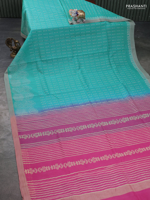 Kota silk cotton saree teal blue and light pink with allover block prints and printed border
