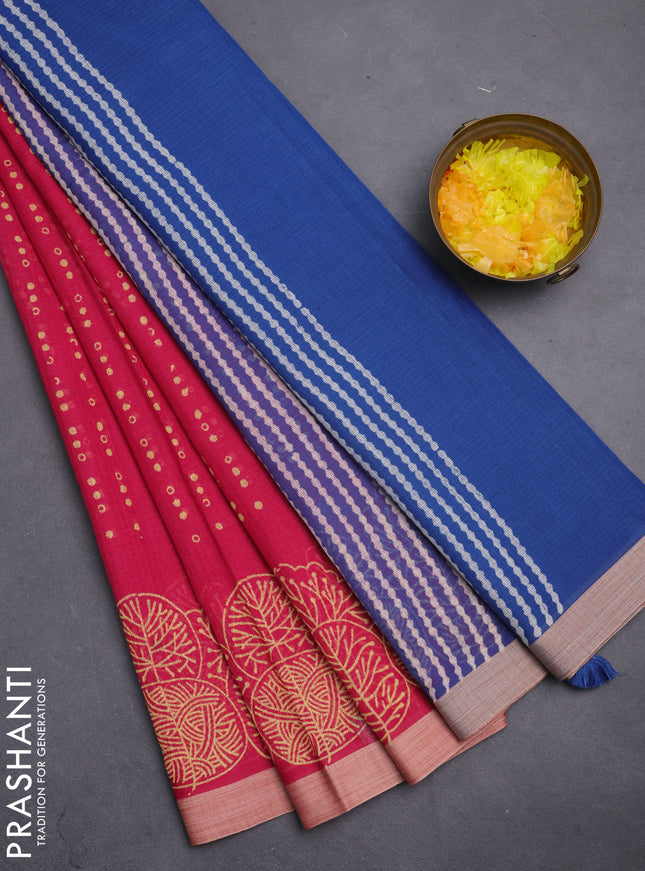 Kota silk cotton saree pink and blue with allover block prints and printed border