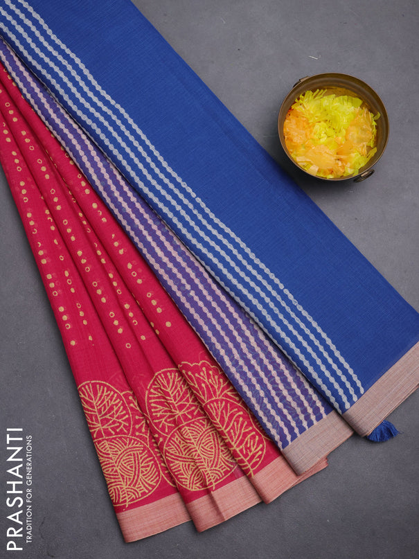 Kota silk cotton saree pink and blue with allover block prints and printed border