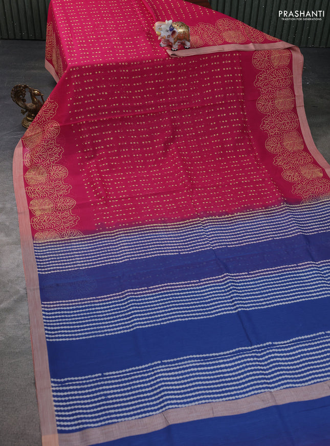 Kota silk cotton saree pink and blue with allover block prints and printed border