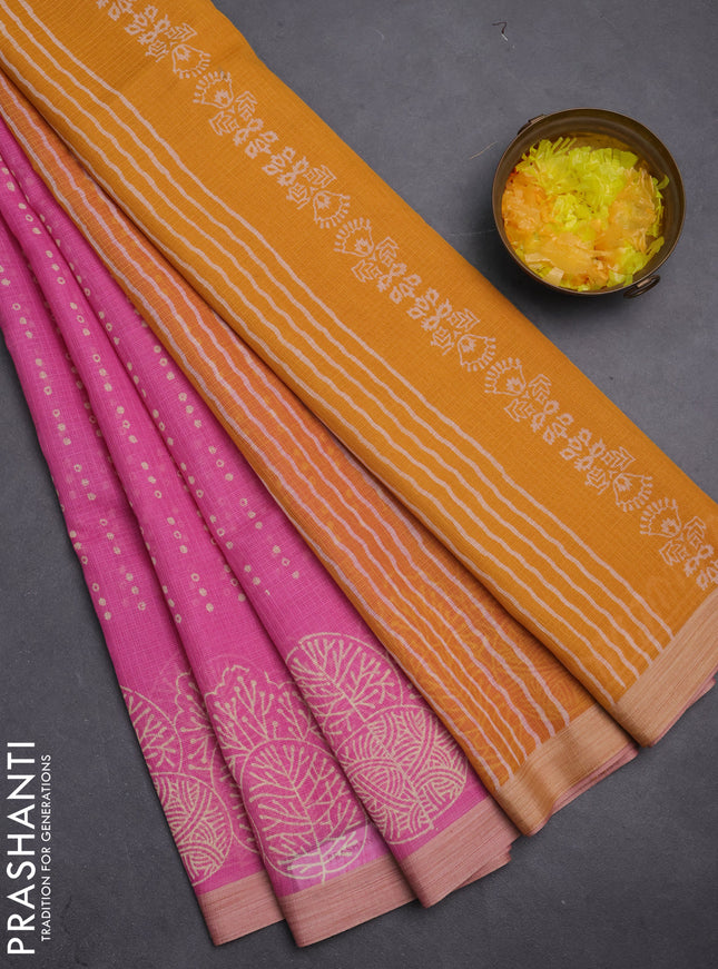 Kota silk cotton saree pink and dark mustard with allover block prints and simple border