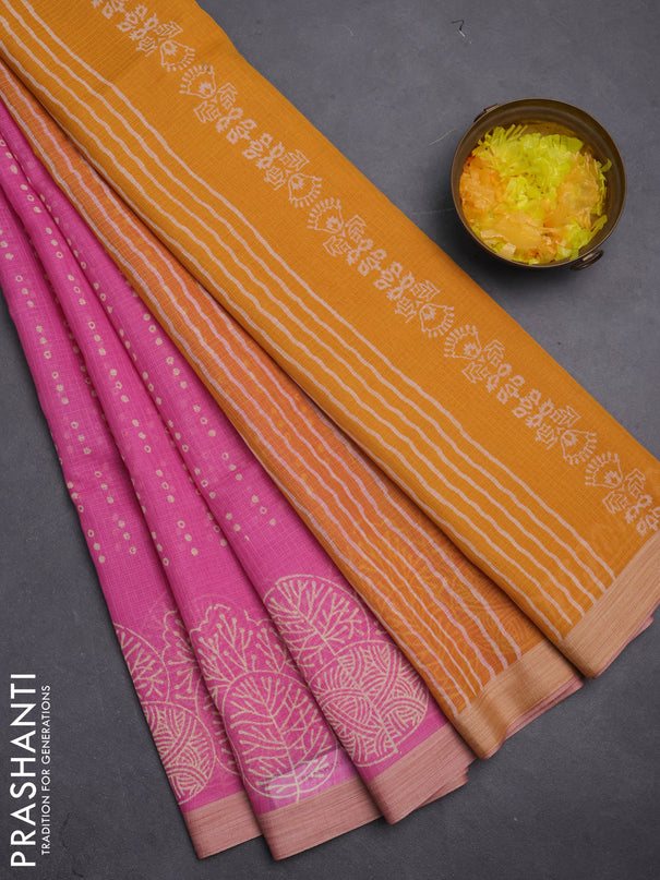 Kota silk cotton saree pink and dark mustard with allover block prints and simple border