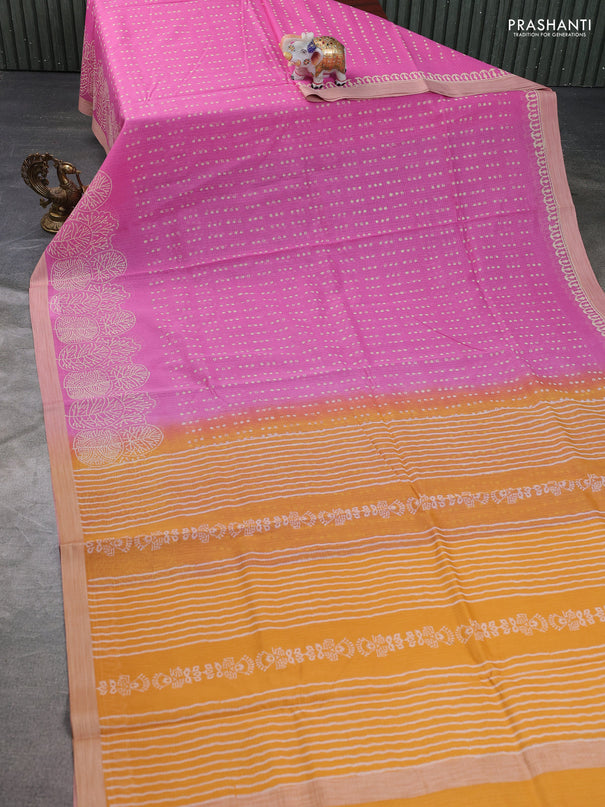 Kota silk cotton saree pink and dark mustard with allover block prints and simple border