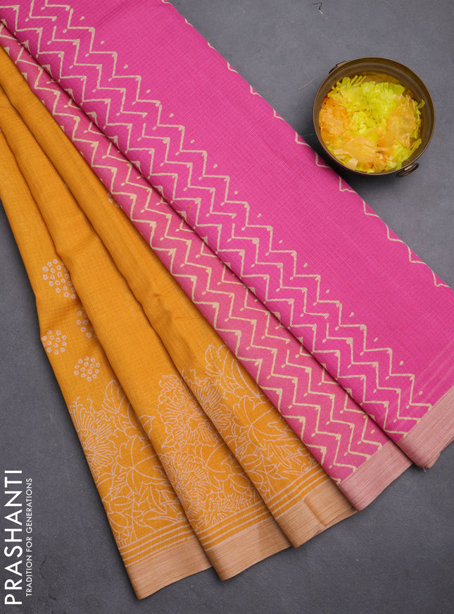 Kota silk cotton saree mustard yellow and pink with allover block prints and simple border