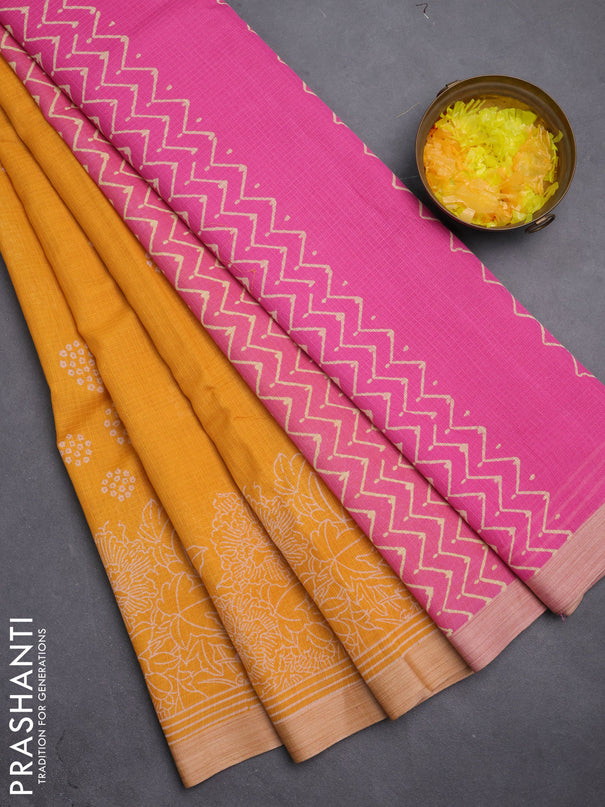 Kota silk cotton saree mustard yellow and pink with allover block prints and simple border