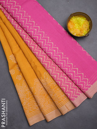 Kota silk cotton saree mustard yellow and pink with allover block prints and simple border