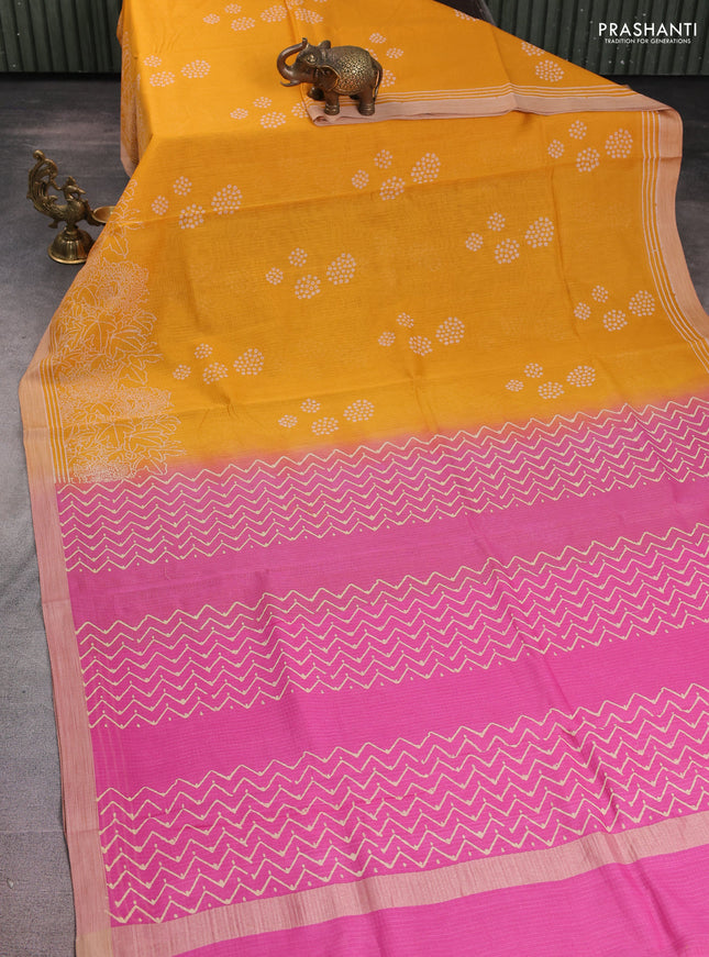 Kota silk cotton saree mustard yellow and pink with allover block prints and simple border