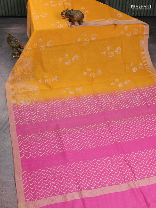 Kota silk cotton saree mustard yellow and pink with allover block prints and simple border