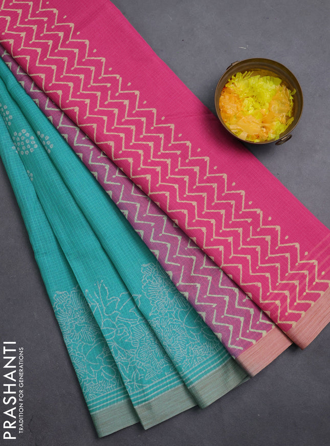 Kota silk cotton saree teal blue and pink with allover block prints and simple border