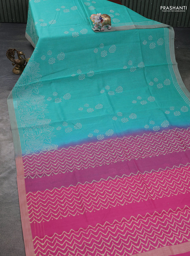 Kota silk cotton saree teal blue and pink with allover block prints and simple border
