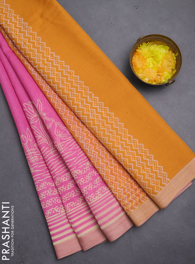 Kota silk cotton saree pink and mustard yellow with allover block prints and simple border