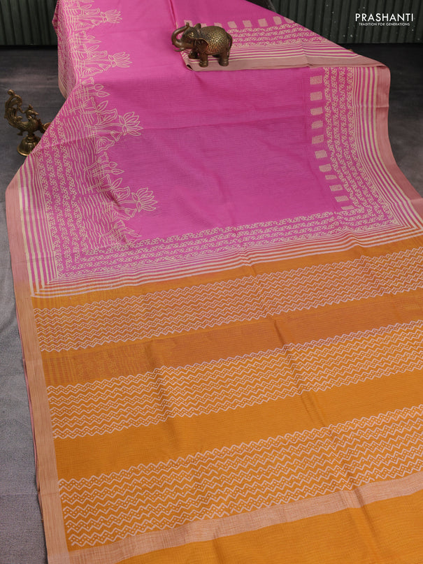 Kota silk cotton saree pink and mustard yellow with allover block prints and simple border