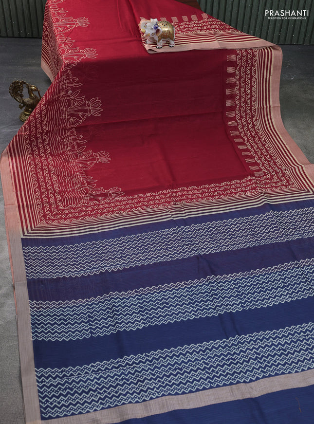 Kota silk cotton saree red and navy blue with allover block prints and simple border