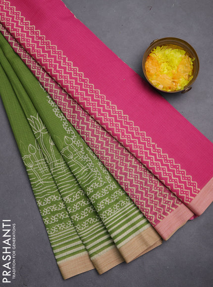 Kota silk cotton saree light green and pink with allover block prints and simple border