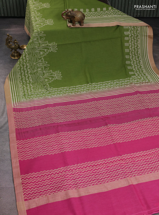 Kota silk cotton saree light green and pink with allover block prints and simple border