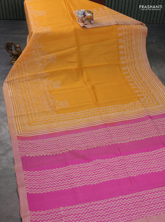 Kota silk cotton saree mustard yellow and pink with allover block prints and simple border