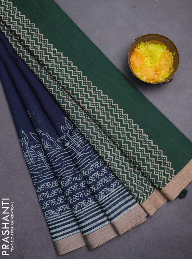 Kota silk cotton saree navy blue and bottle green with allover block prints and simple border