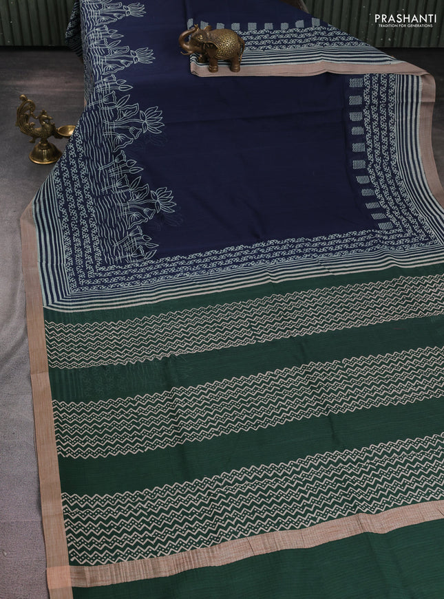 Kota silk cotton saree navy blue and bottle green with allover block prints and simple border
