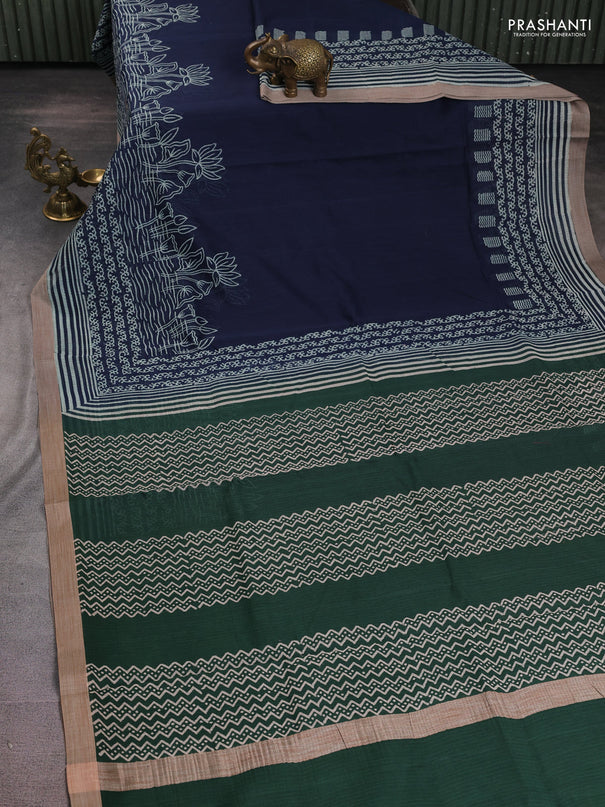 Kota silk cotton saree navy blue and bottle green with allover block prints and simple border