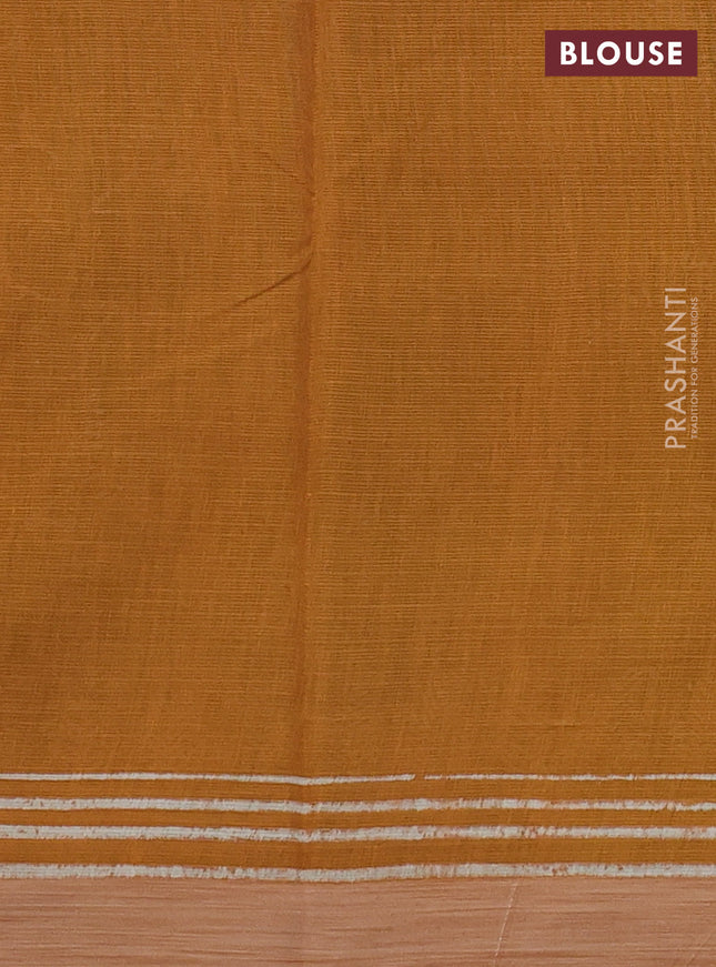 Kota silk cotton saree light green and dark mustard with allover block prints and simple border