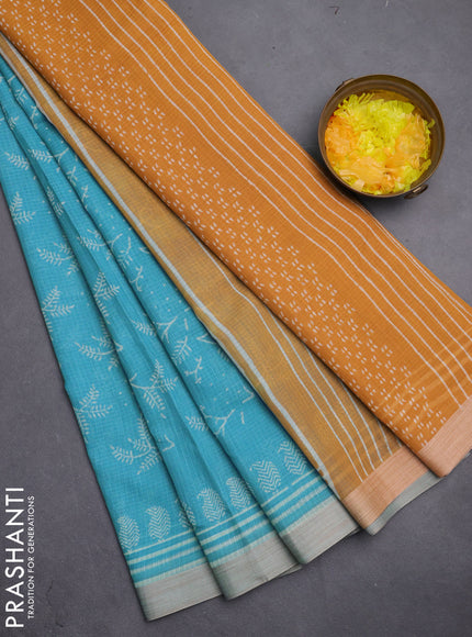 Kota silk cotton saree teal blue and dark mustard with allover block prints and simple border
