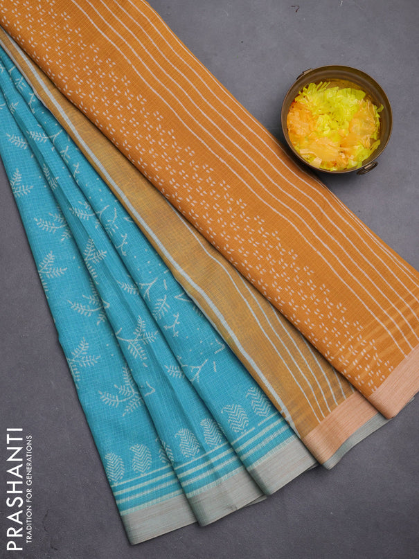 Kota silk cotton saree teal blue and dark mustard with allover block prints and simple border