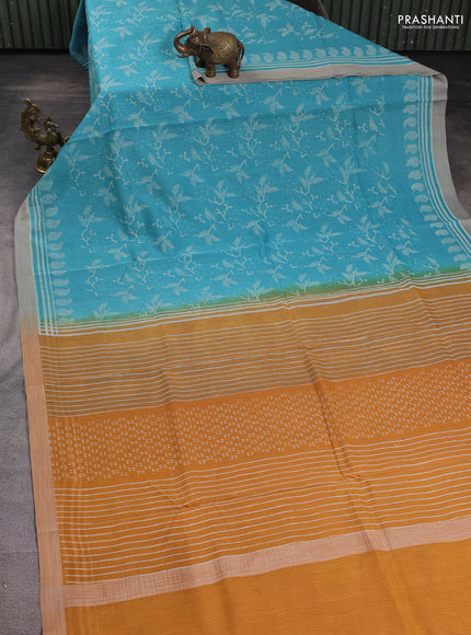 Kota silk cotton saree teal blue and dark mustard with allover block prints and simple border