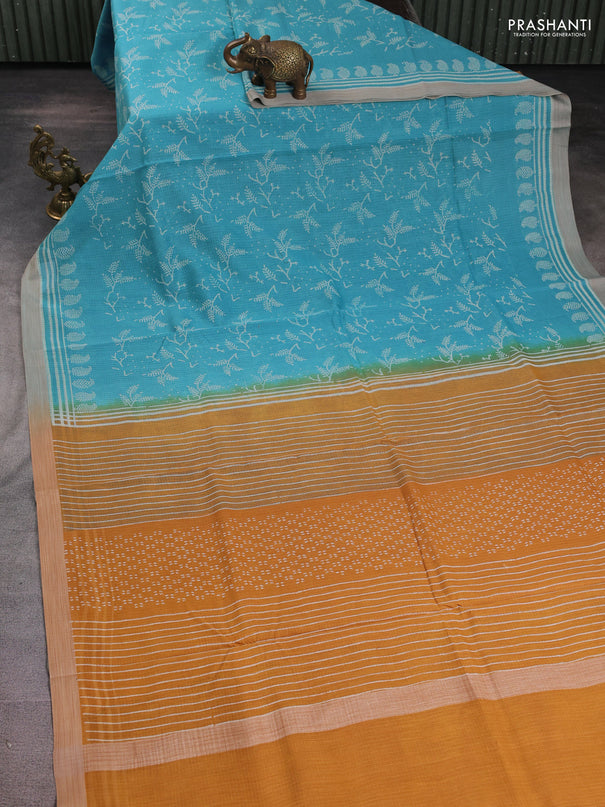 Kota silk cotton saree teal blue and dark mustard with allover block prints and simple border