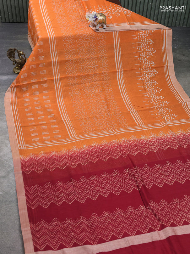 Kota silk cotton saree orange and red with allover block prints and simple border